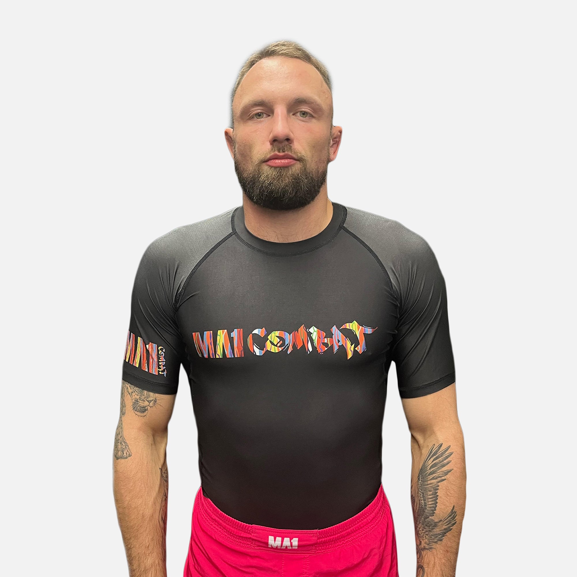 MA1 Chaotic Knit Logo Black Short Sleeve Rashguard