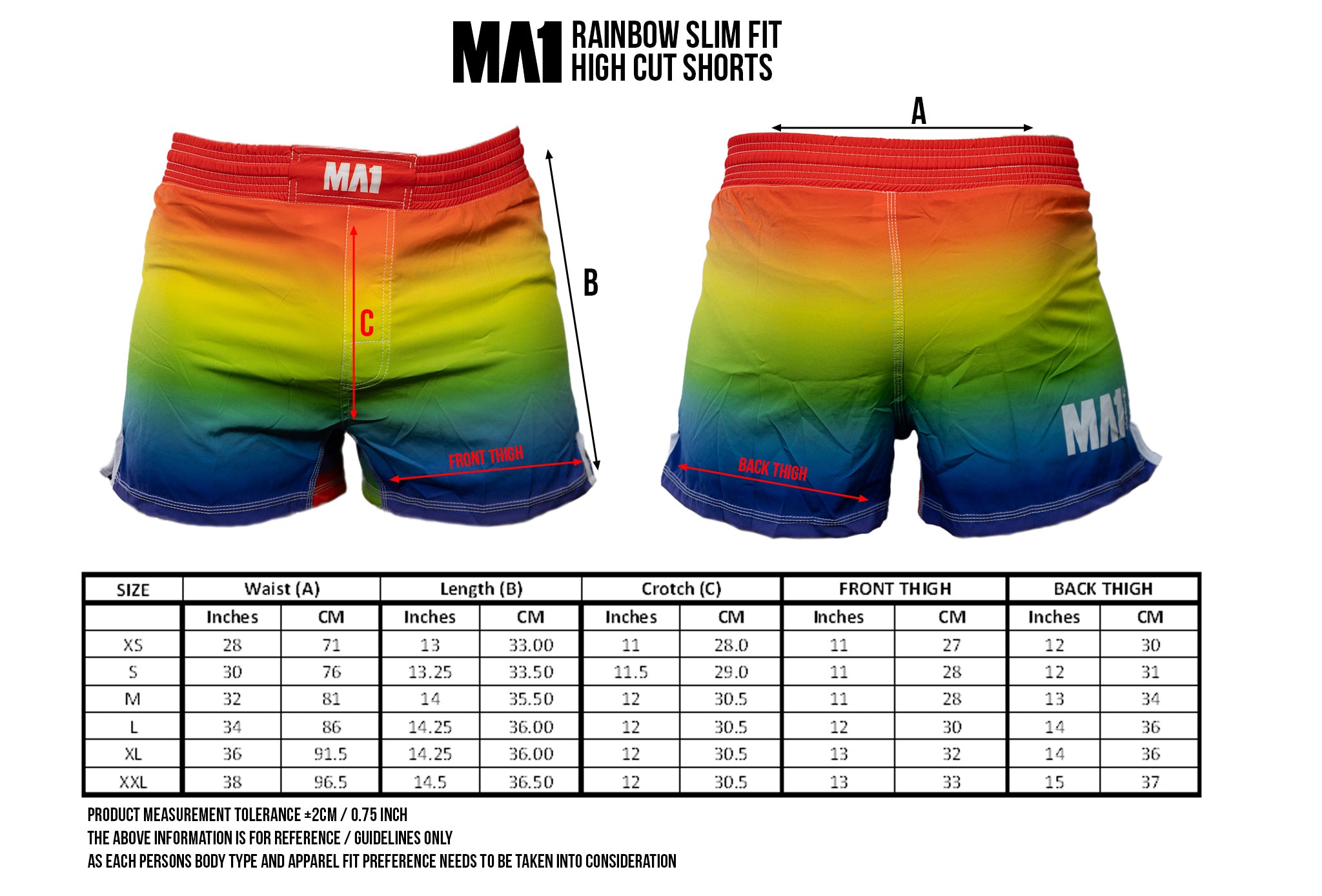 MA1 Slim Fit High Cut MMA Shorts Size Chart
